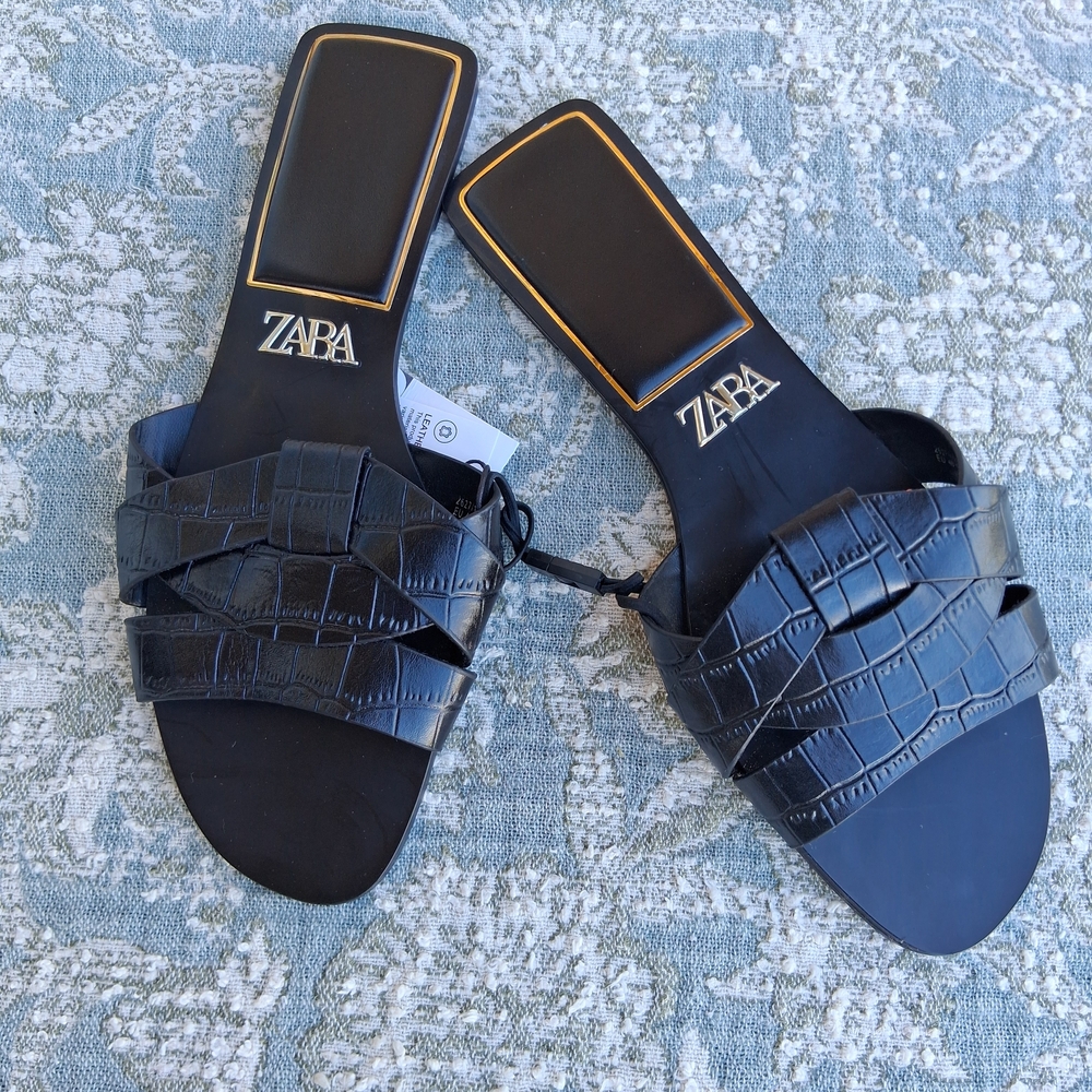 💄Zara Leather Black Slide Sandals NEW  US 9 EUR 40